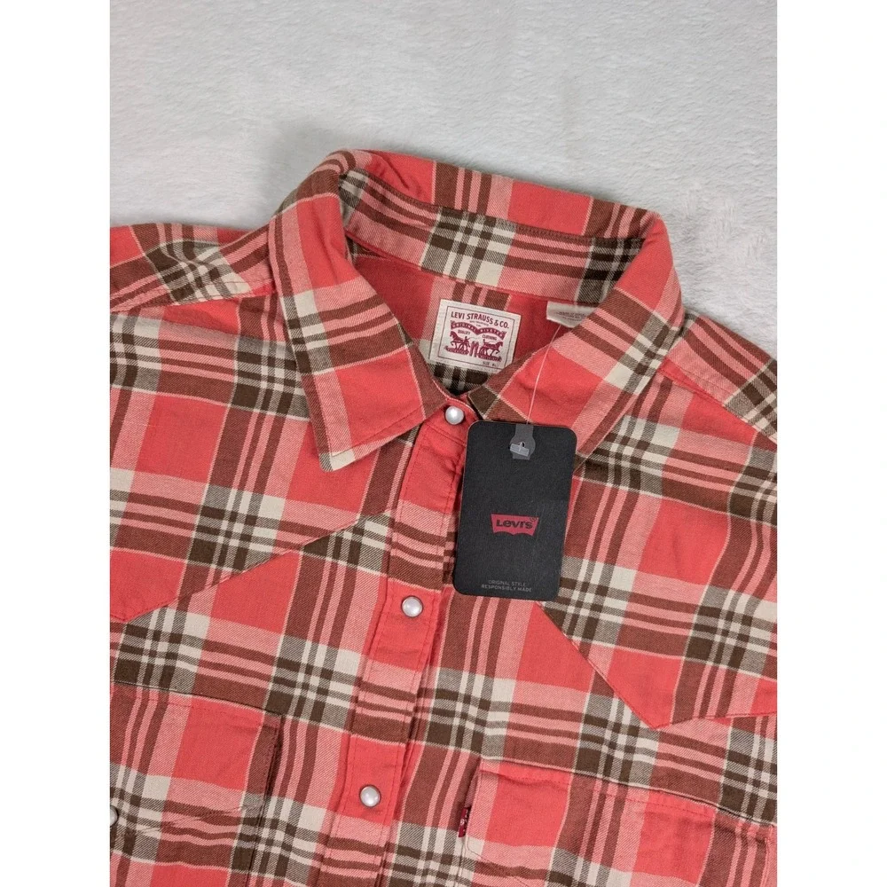 Levi's Flannel Pearl Snap Shirt Mens XL Coral Brown Plaid Long Sleeve NWT
